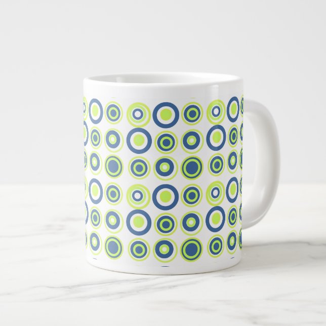 Retro Circles Lime Pea Green Teal On White  Large Coffee Mug (Front Right)
