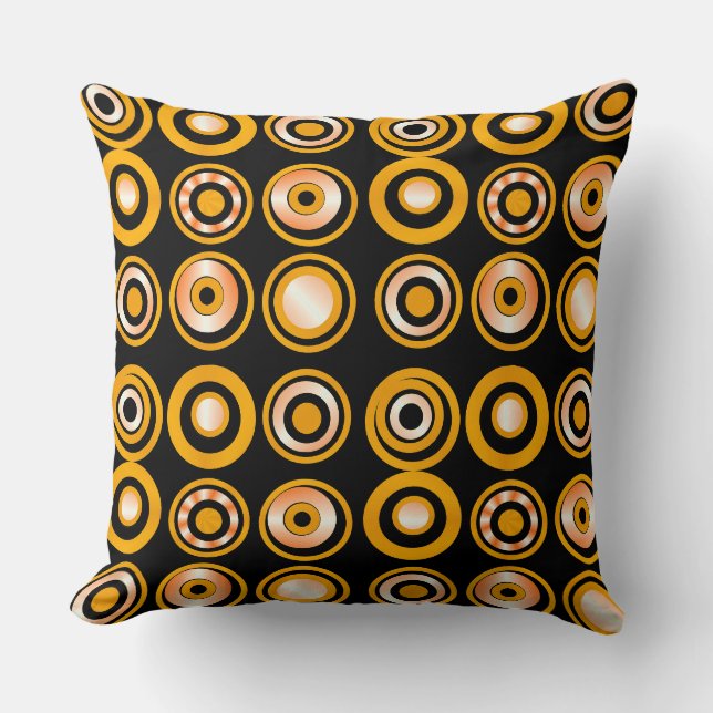 Retro Circles Orange on Black Throw Pillow (Front)