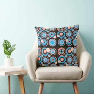 Retro Circles Party Coral Turquoise Black Throw Pillow