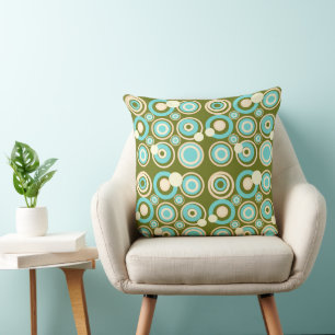 Retro Circles Party Dusty Olive Turquoise Cream  Throw Pillow