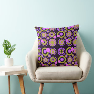 Retro Circles Party Purple Olive Green Black Throw Pillow