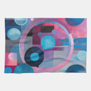 Retro Circles & Squares in Soft Tones Pink & Blue Kitchen Towel