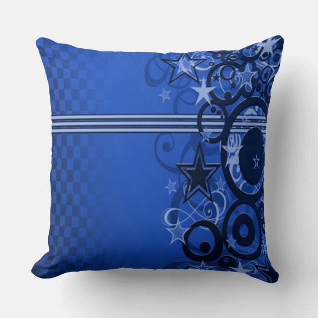 Retro Circles & Stars Blue Throw Pillow (Front)