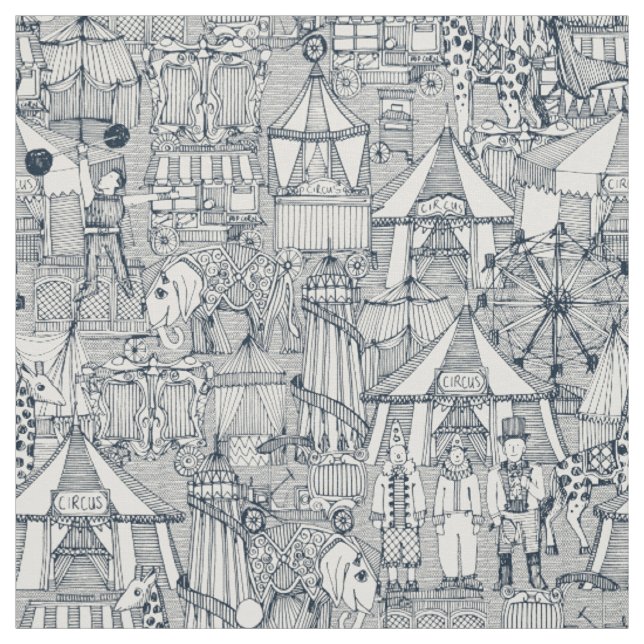retro circus indigo ivory fabric (Swatch)