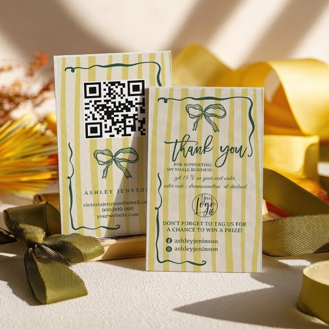 Retro Citrus Green Bow Logo QR Thank You Order Business Card (Retro Citrus Green Bow Logo QR Thank You Order Business Card)