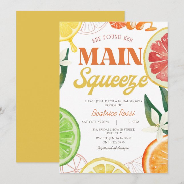 Retro Citrus Main Squeeze Summer Bridal Shower Invitation (Front/Back)