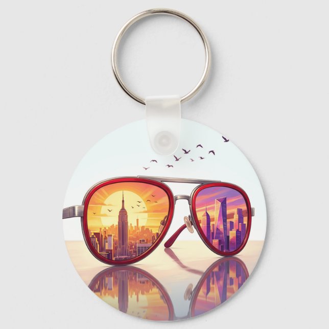 Retro City Skyline Sunglasses Design Keychain (Front)