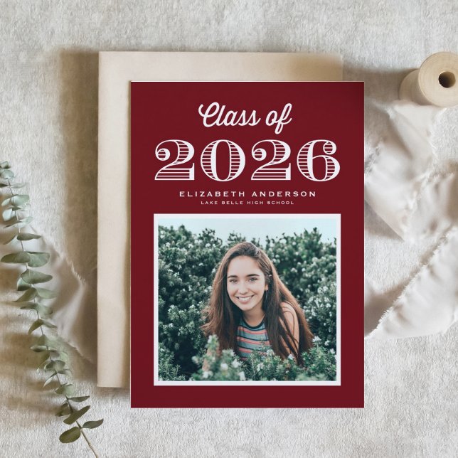 Retro Class of 2024 Burgundy Photo Graduation Invitation (Customizable burgundy photo graduation invitation featuring vintage calligraphy. )