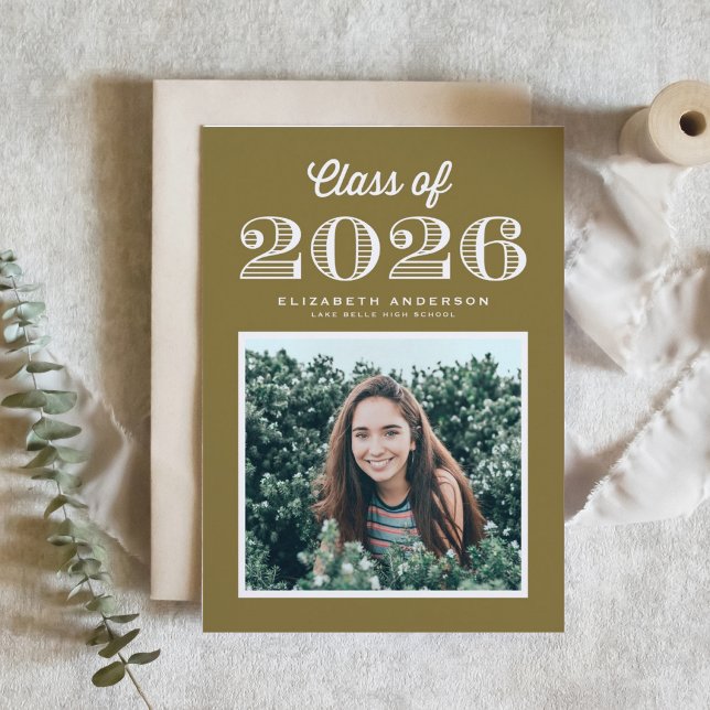 Retro Class of 2024 Gold Photo Graduation Invitation (Customizable class of 2026 photo graduation invitation featuring vintage calligraphy. )