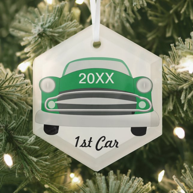 Retro Classic Car 1st Car Keepsake Glass Ornament (Insitu)