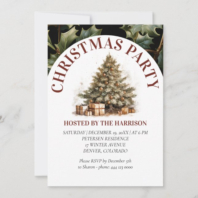 Retro Classic Cute Watercolor Gold Christmas Tree  Invitation (Front)