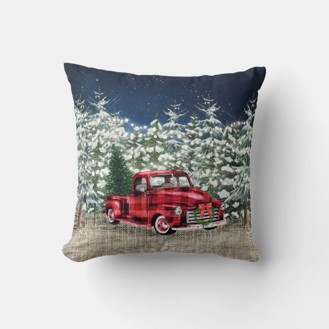 Retro Classic Rustic Forest Christmas Red Truck Throw Pillow (Front)