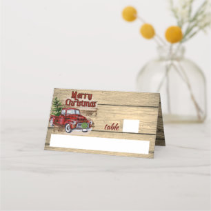 Retro Classic Rustic Merry Christmas Red Truck Place Card