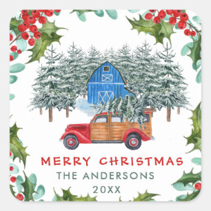 Retro Classic Rustic Merry Christmas Red Truck Square Sticker