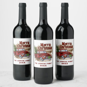Retro Classic Rustic Merry Christmas Red Truck Wine Label