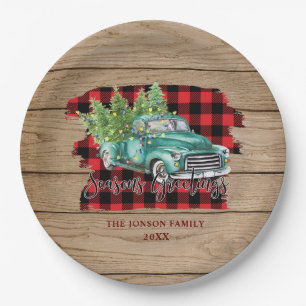 Retro Classic Rustic Wood Merry Christmas Truck Paper Plate