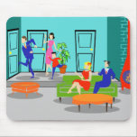 Retro Classic Television Mousepad<br><div class="desc">This Retro Classic Television Mousepad takes you back to a simpler time. The 1960's style, minimalist, cartoon drawing will have you looking for the opening credits. The design shows a mid century modern, sunken, living room with teal and turquoise walls and a red, cone shaped fireplace, complete with a roaring...</div>