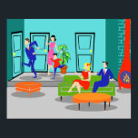 Retro Classic Television Poster<br><div class="desc">This Retro Classic Television Poster takes you back to a simpler time. The 1960's style, minimalist, cartoon drawing will have you looking for the opening credits. The design shows a mid century modern, sunken, living room with teal and turquoise walls and a red, cone shaped fireplace, complete with a roaring...</div>