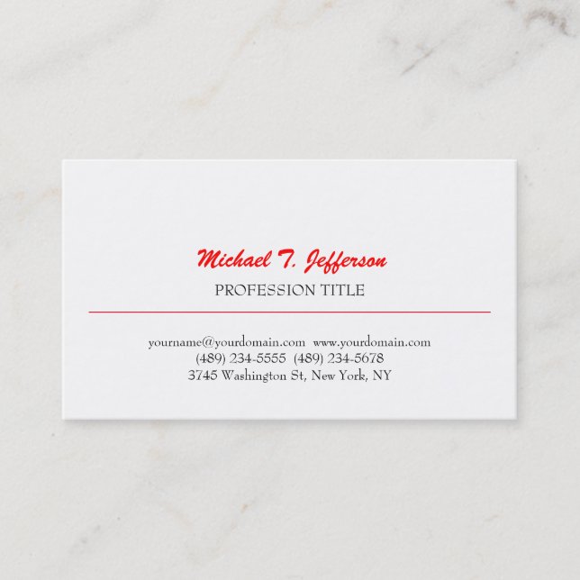 Retro Classical Elegant Plain Simple Red White Business Card (Front)