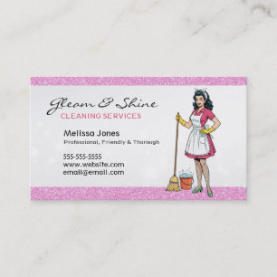 Retro Cleaning Lady Cleaner Pink Faux Glitter Business Card