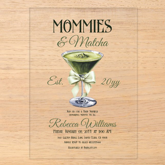 Retro Club Mommies and Matcha Bow Baby Shower Acrylic Invitations (Front)