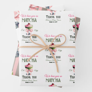 Retro Club Pink Bow Love You Matcha Baby Shower Wrapping Paper Sheet