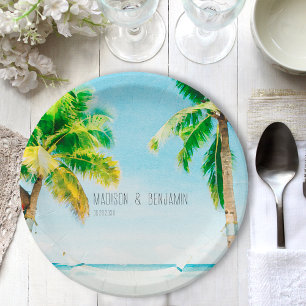 Retro Coastal Beach Palm Trees Tropical Wedding Paper Plate