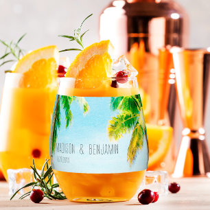Retro Coastal Beach Palm Trees Tropical Wedding Stemless Wine Glass