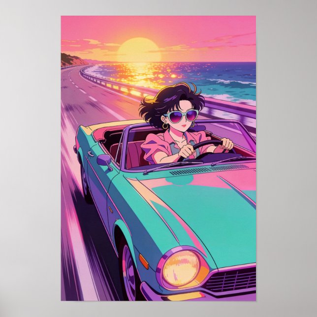 Retro Coastal Drive 90s Anime Sunset Poster (Front)