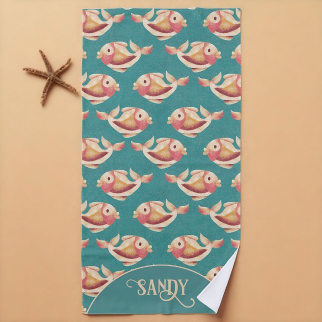 Retro Coastal Goldfish Pattern  Beach Towel (Retro goldfish beach towel with teal background and your name.)