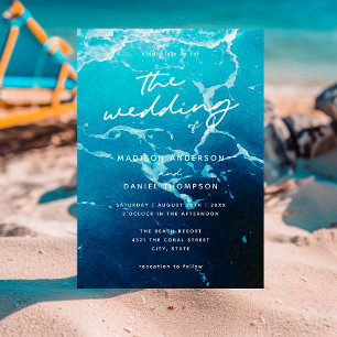 Retro Coastal Summer Navy Blue Ocean Sea Wedding Invitation
