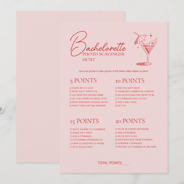 Retro Cocktail Bachelorette Game Scavenger Hunt Invitation (Front/Back)