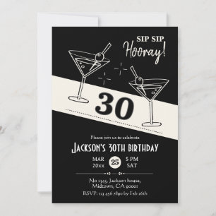 Retro cocktail black & white martini 30th Birthday Invitation