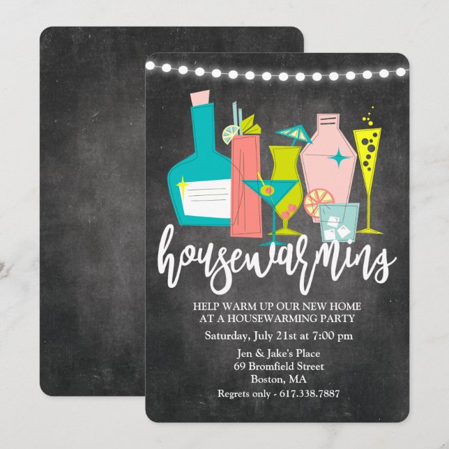 Retro Cocktail Drinks Housewarming Invitation (Front/Back)