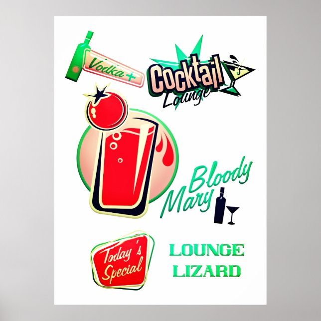 Retro cocktail lounge lizard bloody mary bar poster (Front)
