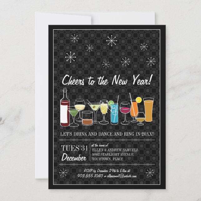 Retro Cocktail Party Black New Years Invitation (Front)