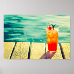 Retro cocktail sunset pool bar poster