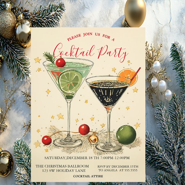 Retro Cocktails Stars Green Christmas  Invitation (Creator Uploaded)