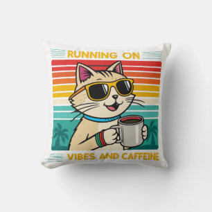 Retro Coffee Cat Vibes – Funny Caffeine Lover Throw Pillow