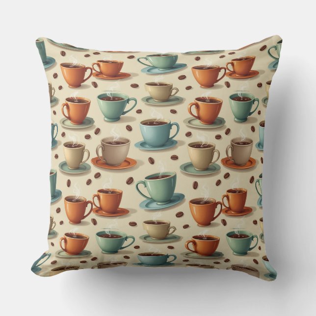 Retro Coffee Cups Throw Pillow (Front)