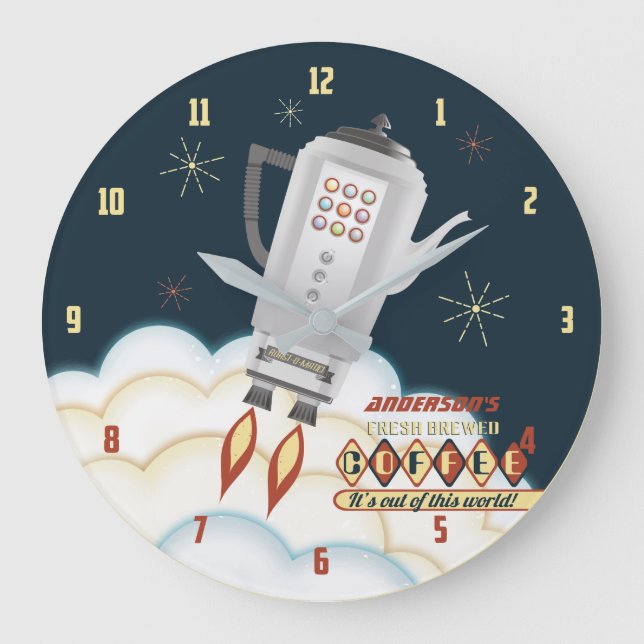 Retro coffee pot rocket personalized kitchen large clock (Front)