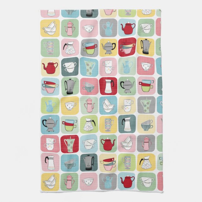 Retro Coffee Pots and Cups Pattern Kitchen Towel (Vertical)