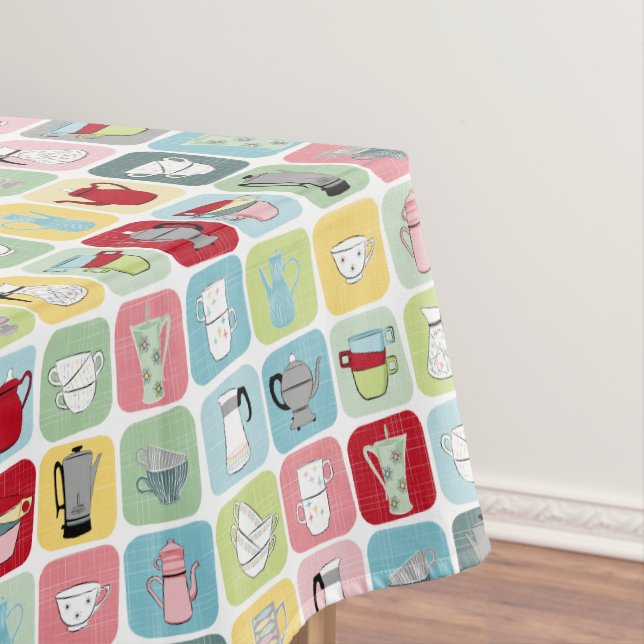 Retro Coffee Pots and Cups Pattern Tablecloth (In Situ)