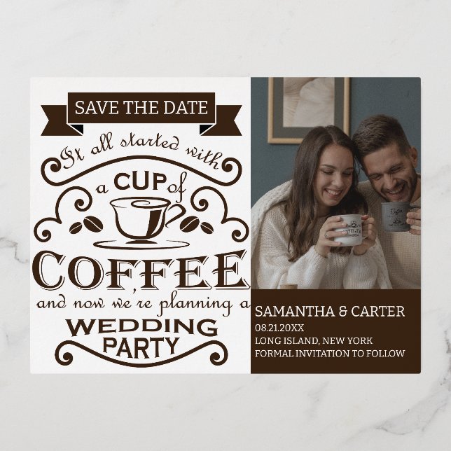 Retro Coffee themed wedding Save the Date design Foil Holiday Postcard (Front)