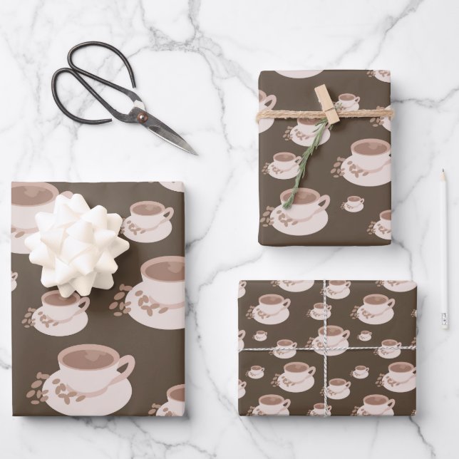 Retro Coffee Time Cups Brown Flat  Wrapping Paper Sheet (Front)