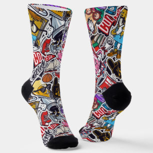 Retro College Sticker Bomb Pattern Socks