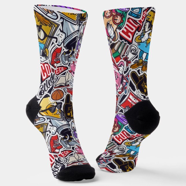 Retro College Sticker Bomb Pattern Socks (Angled)