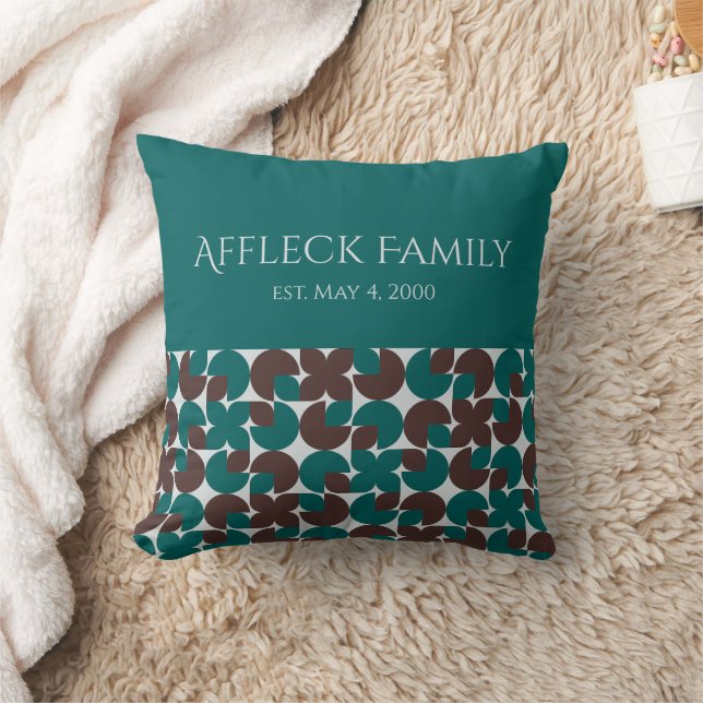 Retro Colorblocked Teal & Brown Custom Family Throw Pillow (Blanket)