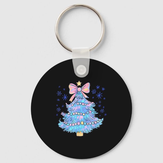 Retro Colorful Christmas Tree Coquette Bow Men Wom Keychain (Front)