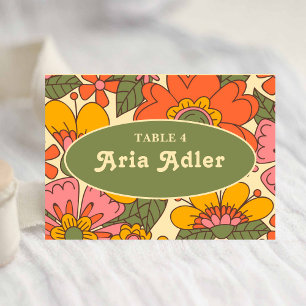 Retro Colorful Floral Pattern Boho 70s Wedding Table Number